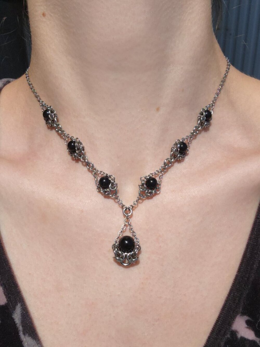 Vintage Victorian Gothic style black onyx and silver necklace